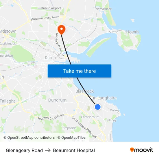 Glenageary Road to Beaumont Hospital map