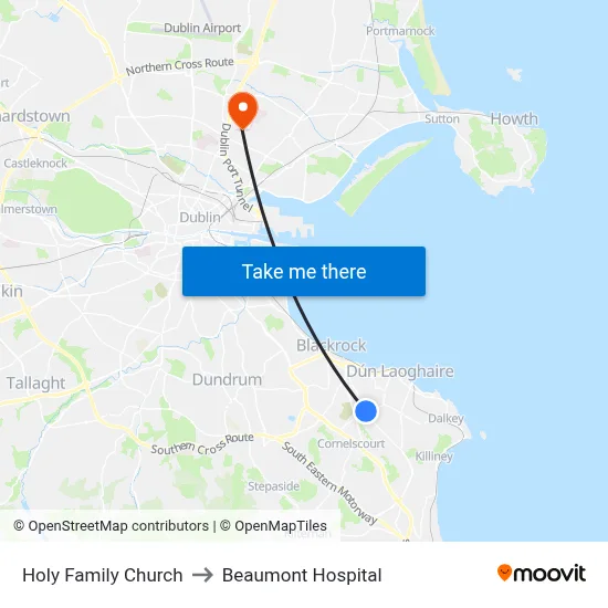 Holy Family Church to Beaumont Hospital map