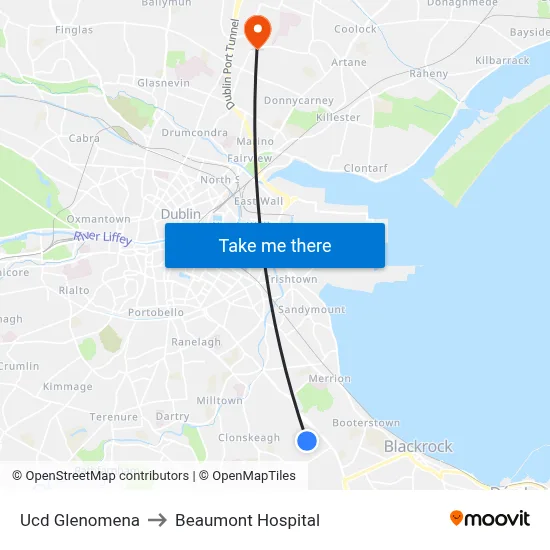 Ucd Glenomena to Beaumont Hospital map