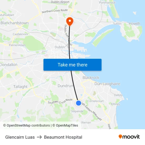Glencairn Luas to Beaumont Hospital map