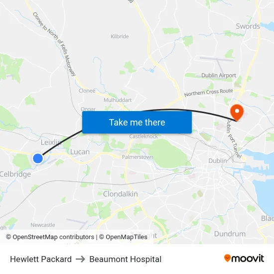 Hewlett Packard to Beaumont Hospital map