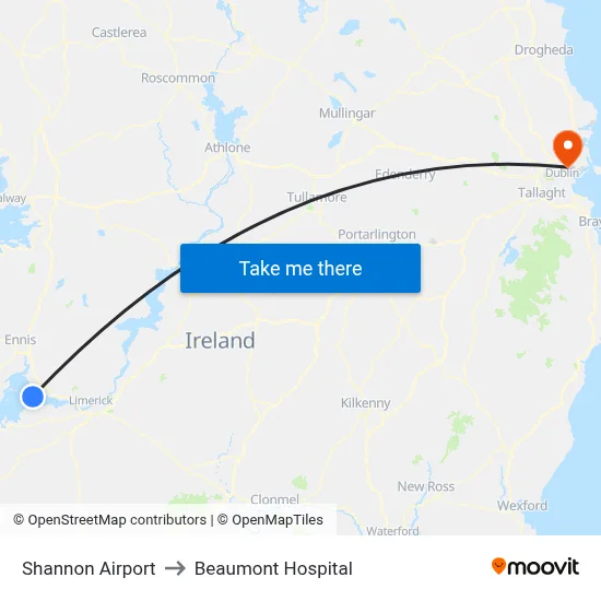 Shannon Airport to Beaumont Hospital map