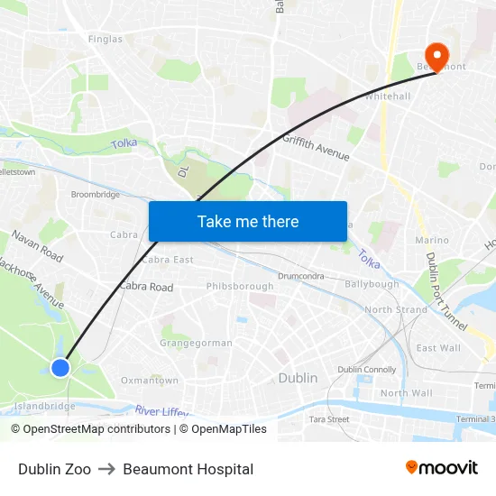 Dublin Zoo to Beaumont Hospital map