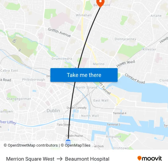 Merrion Square West to Beaumont Hospital map