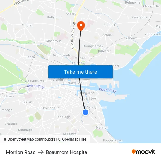 Merrion Road to Beaumont Hospital map