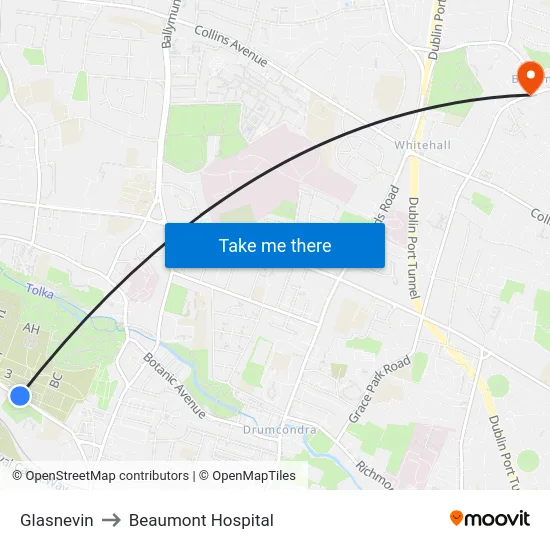 Glasnevin to Beaumont Hospital map