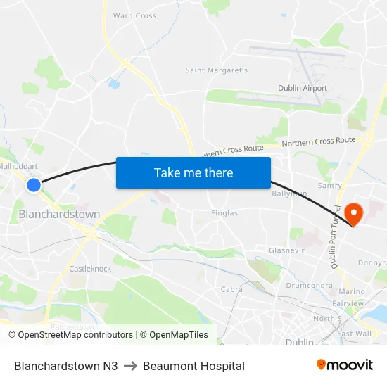 Blanchardstown N3 to Beaumont Hospital map