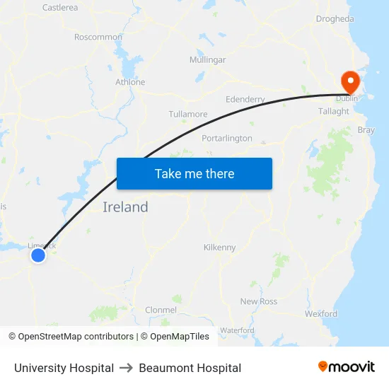 University Hospital to Beaumont Hospital map