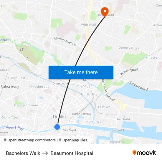 Bachelors Walk to Beaumont Hospital map