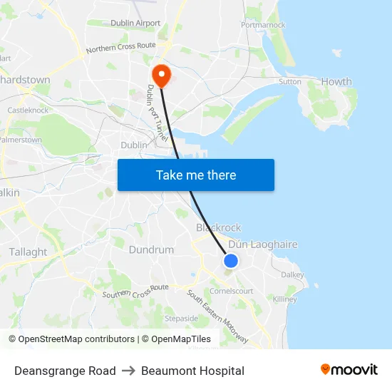 Deansgrange Road to Beaumont Hospital map