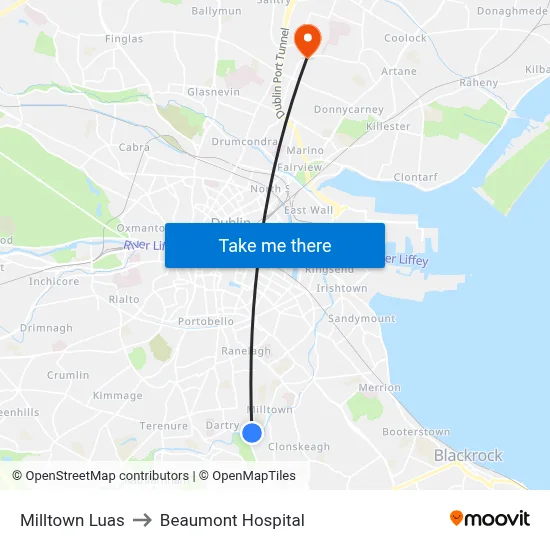 Milltown Luas to Beaumont Hospital map
