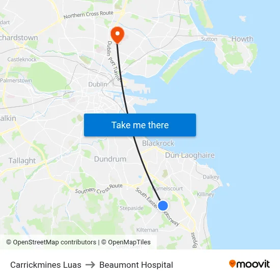 Carrickmines Luas to Beaumont Hospital map
