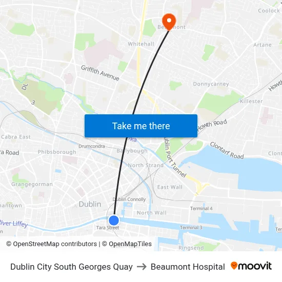 Dublin City South Georges Quay to Beaumont Hospital map