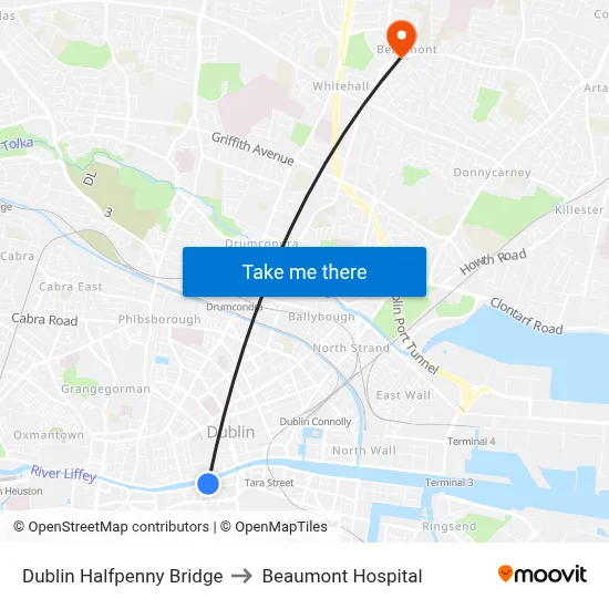 Dublin Halfpenny Bridge to Beaumont Hospital map