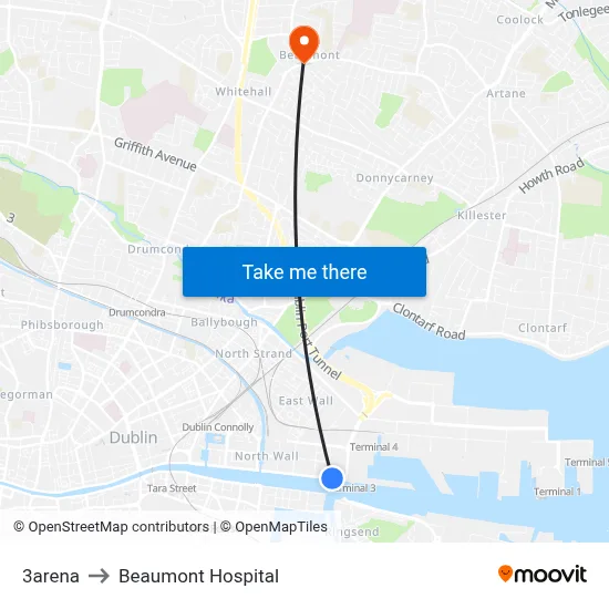 3arena to Beaumont Hospital map