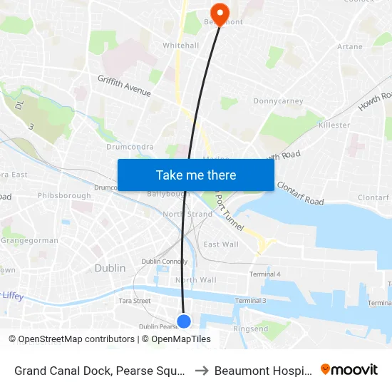Grand Canal Dock, Pearse Square to Beaumont Hospital map