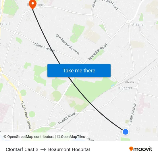 Clontarf Castle to Beaumont Hospital map