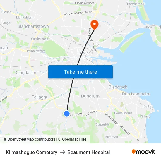 Kilmashogue Cemetery to Beaumont Hospital map