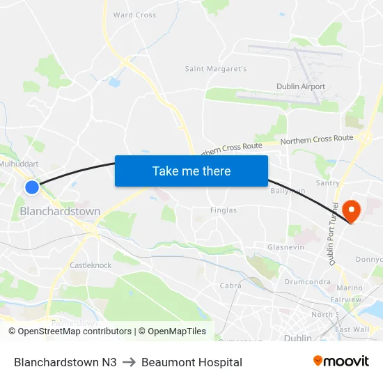 Blanchardstown N3 to Beaumont Hospital map