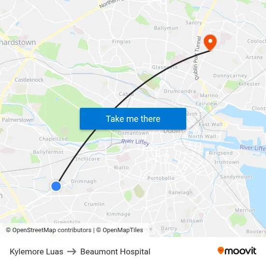 Kylemore Luas to Beaumont Hospital map