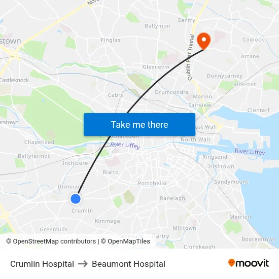 Crumlin Hospital to Beaumont Hospital map