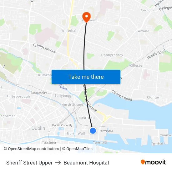 Sheriff Street Upper to Beaumont Hospital map