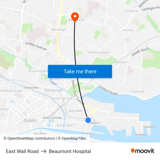 East Wall Road to Beaumont Hospital map