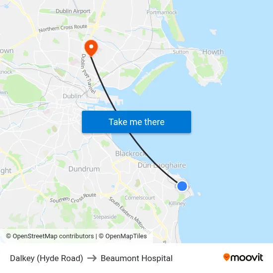 Dalkey (Hyde Road) to Beaumont Hospital map