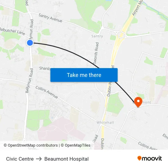Civic Centre to Beaumont Hospital map