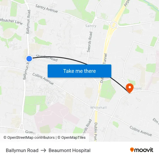 Ballymun Road to Beaumont Hospital map