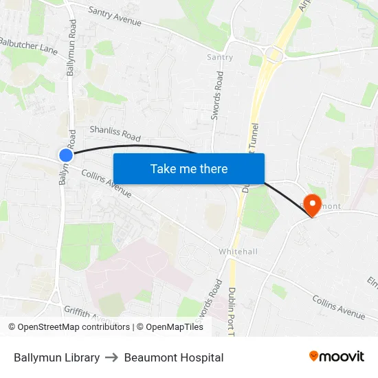 Ballymun Library to Beaumont Hospital map