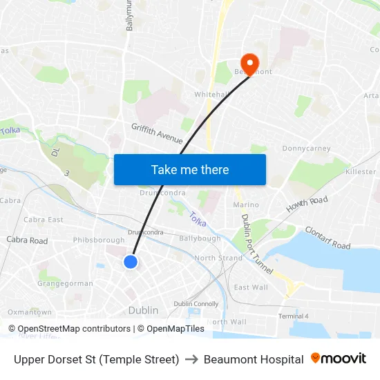 Upper Dorset St (Temple Street) to Beaumont Hospital map