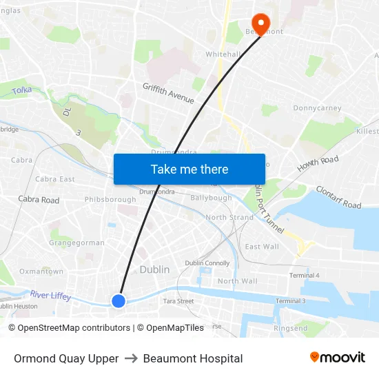 Ormond Quay Upper to Beaumont Hospital map