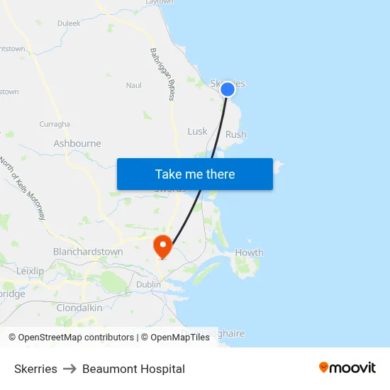 Skerries to Beaumont Hospital map