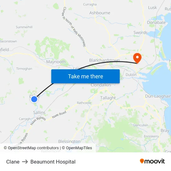 Clane to Beaumont Hospital map
