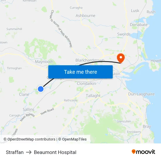 Straffan to Beaumont Hospital map