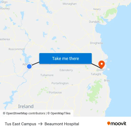 Tus East Campus to Beaumont Hospital map