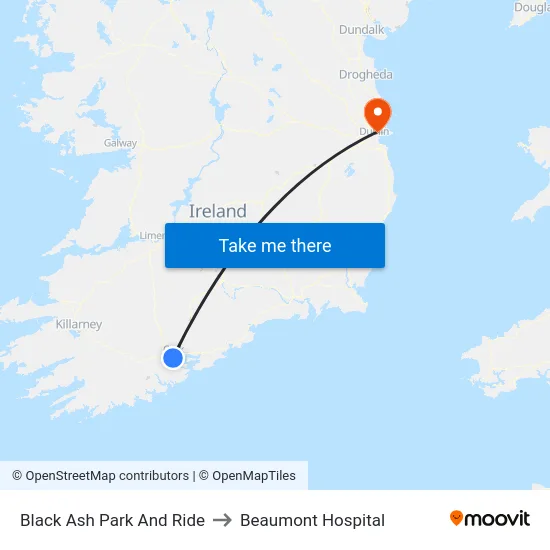 Black Ash Park And Ride to Beaumont Hospital map