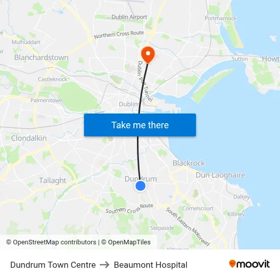 Dundrum Town Centre to Beaumont Hospital map