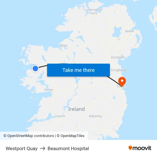 Westport Quay to Beaumont Hospital map