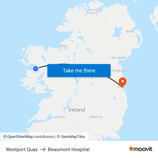 Westport Quay to Beaumont Hospital map