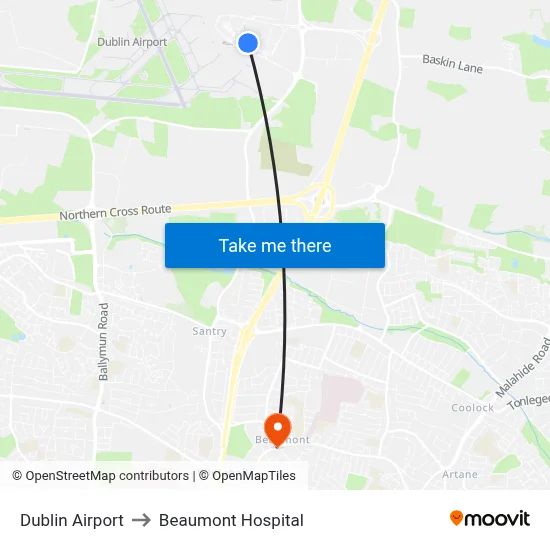 Dublin Airport to Beaumont Hospital map