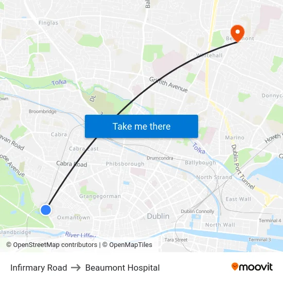 Infirmary Road to Beaumont Hospital map