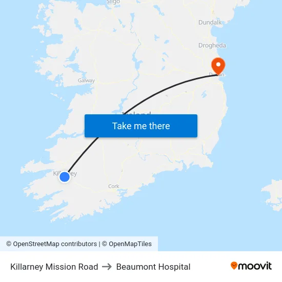 Killarney Mission Road to Beaumont Hospital map