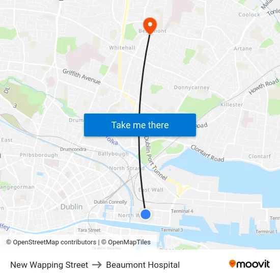 New Wapping Street to Beaumont Hospital map