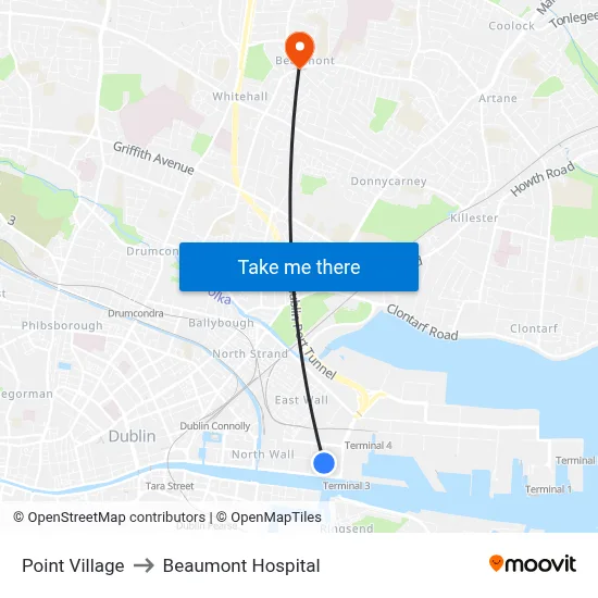 Point Village to Beaumont Hospital map