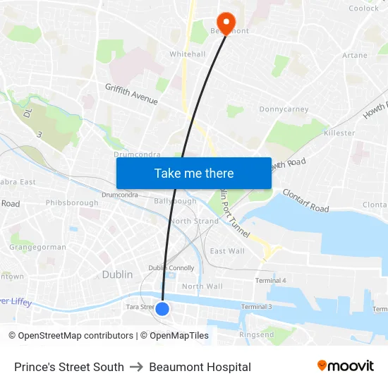 Prince's Street South to Beaumont Hospital map
