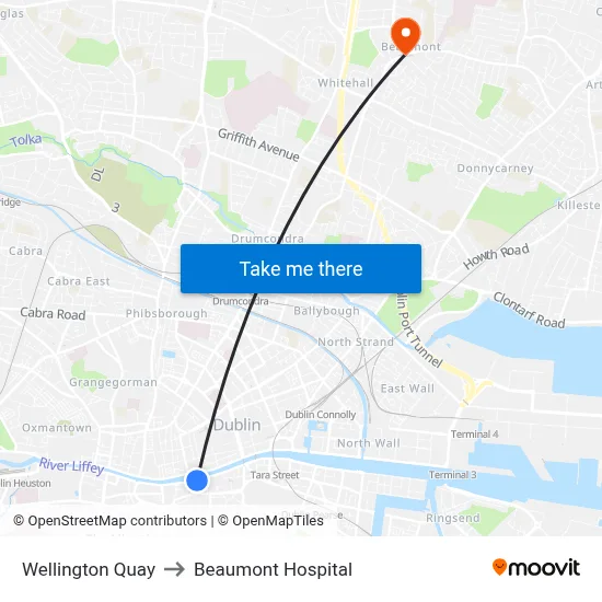 Wellington Quay to Beaumont Hospital map