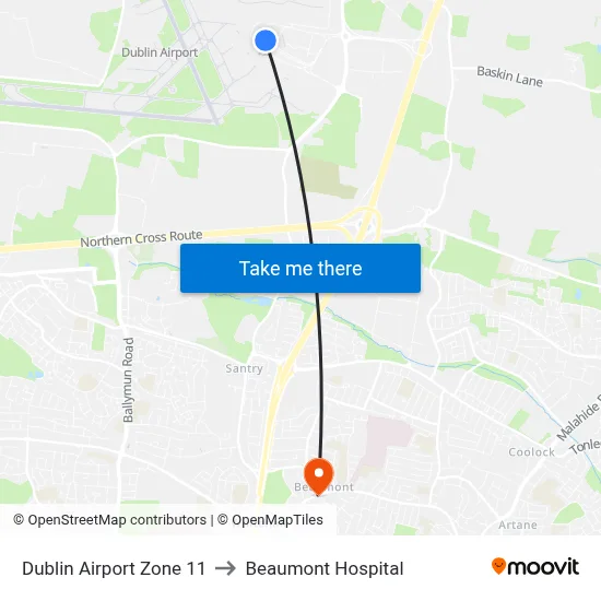 Dublin Airport Zone 11 to Beaumont Hospital map