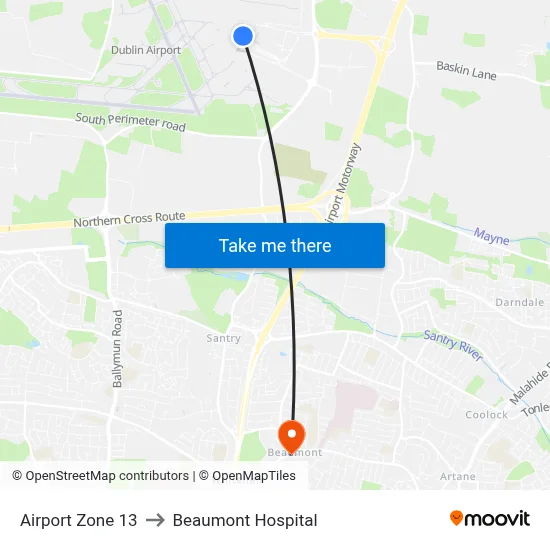 Airport Zone 13 to Beaumont Hospital map